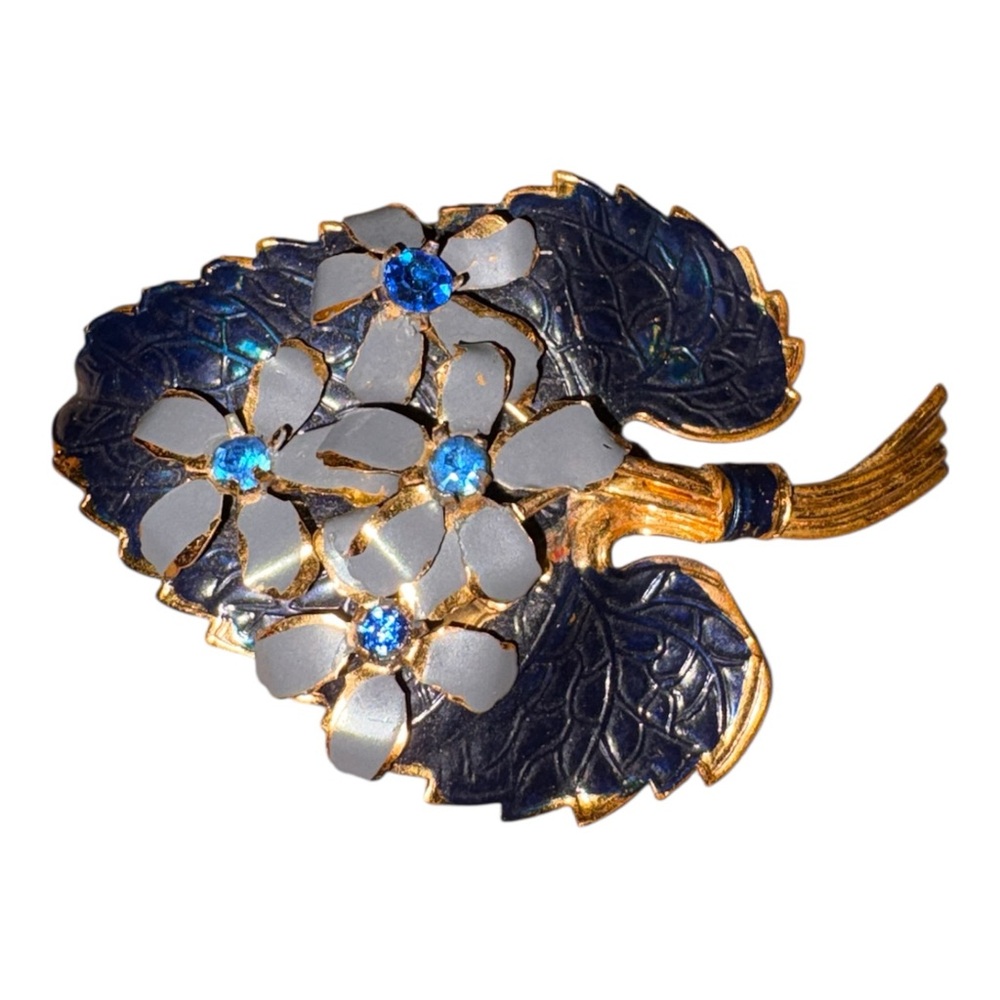 Vintage Austria Gold Tone Enamel Floral Leaf Brooch Blue Rhinestones J27 - Picture 3 of 6